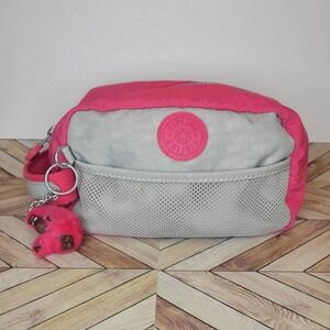 Kipling Garri Pouch Travel Organizer Toiletry Bag Pink & Gray With Monkey EUC